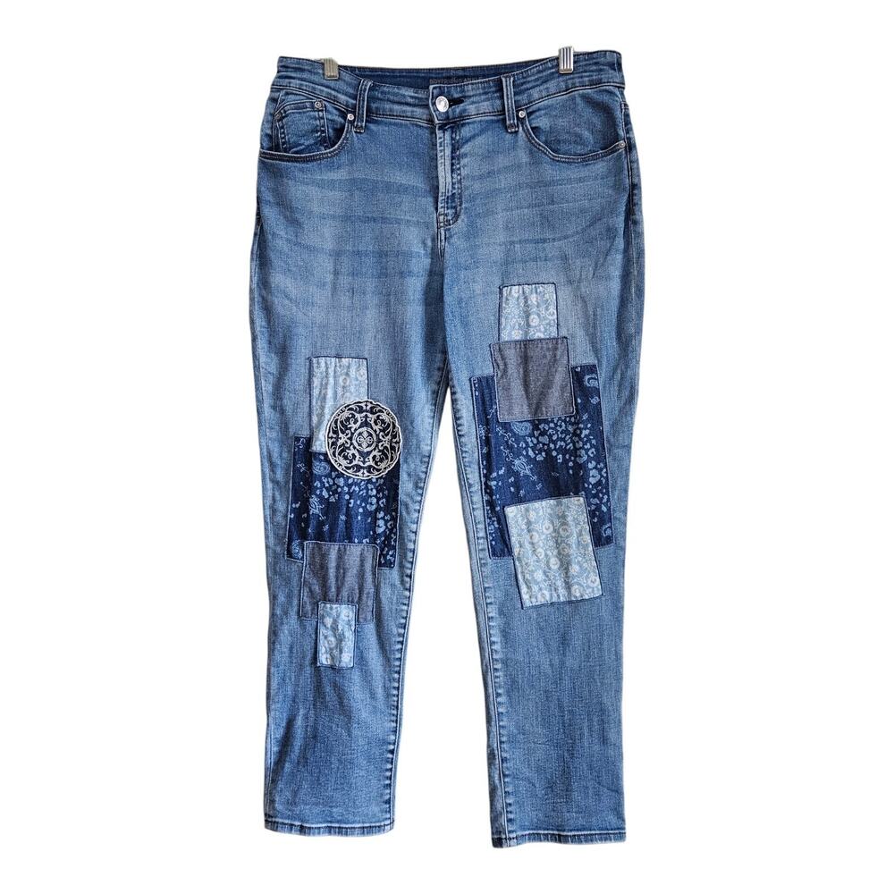 CHICO'S 1P Women's Petite M MP Boyfriend Ankle Jeans Patchwork Lt Blue 32 x 27.5